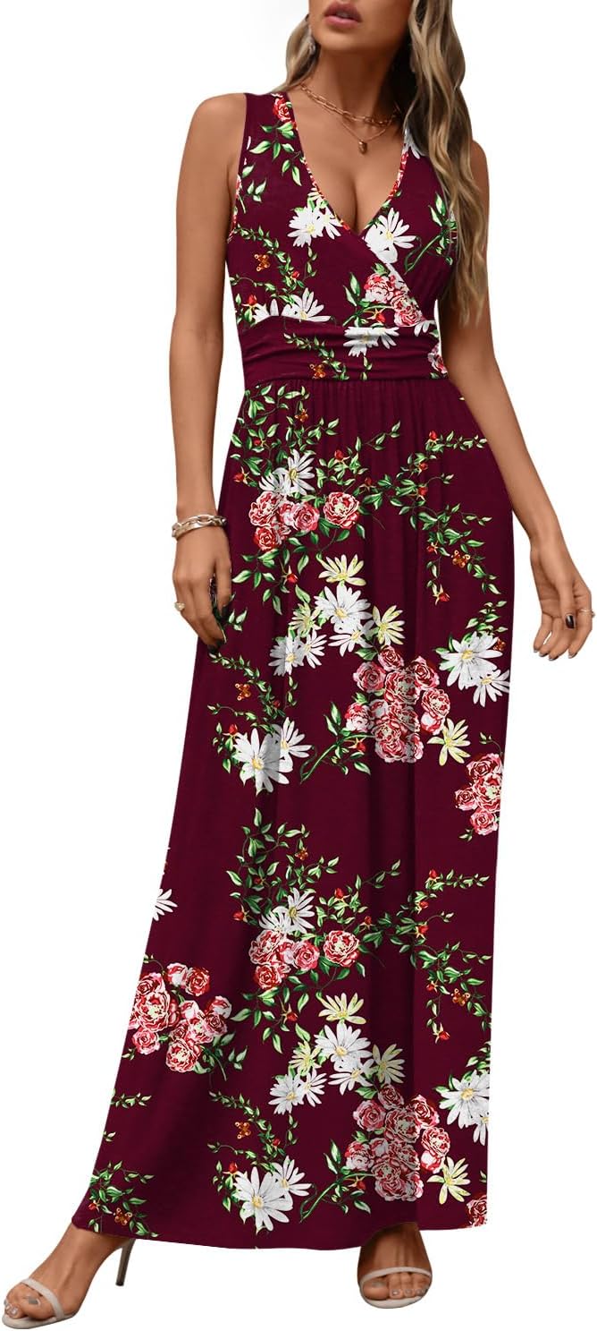 CATHY Women's Casual Sleeveless Deep V Neck Maxi Dress