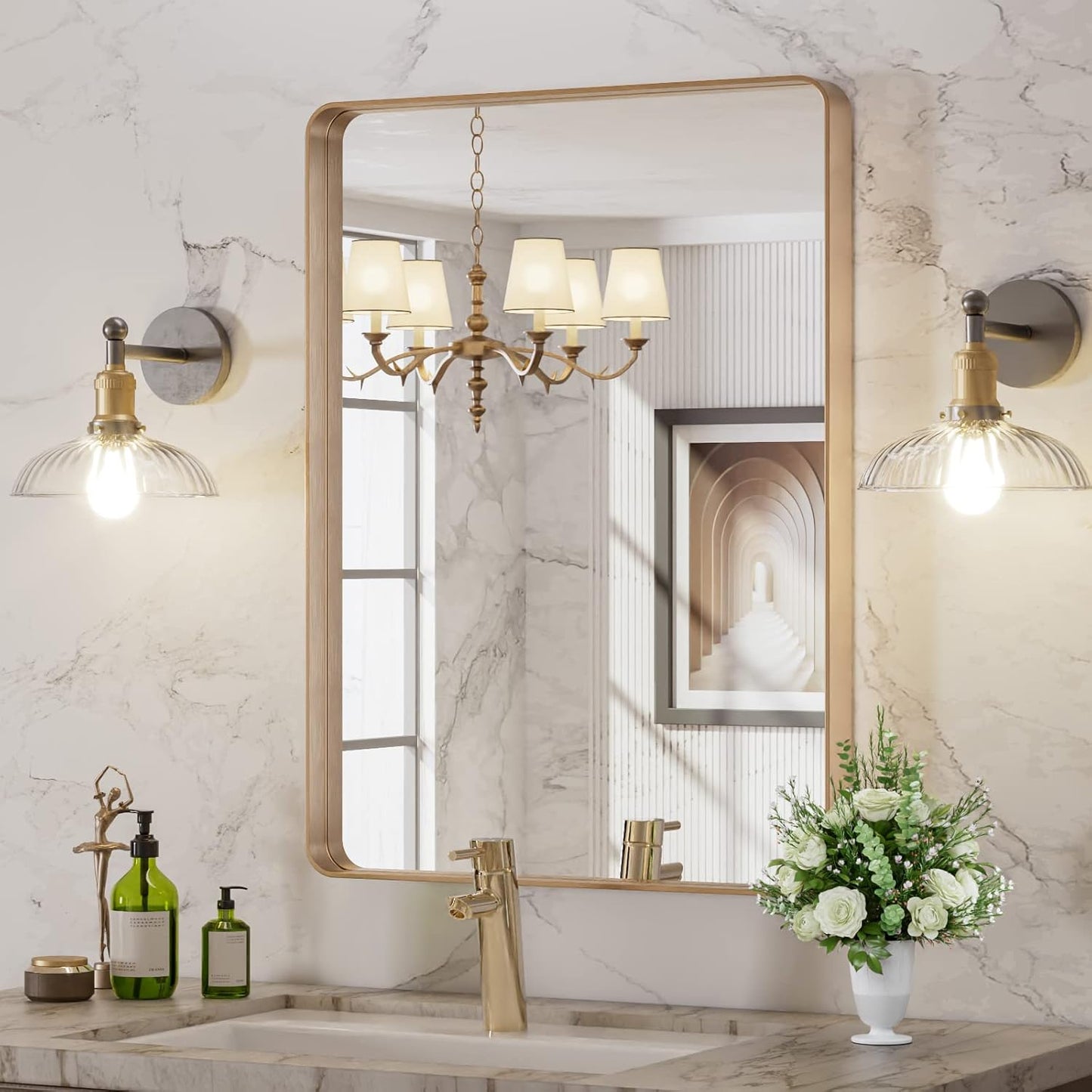 22X30 Gold Bathroom Mirror with Rounded Rectangle Frame Design