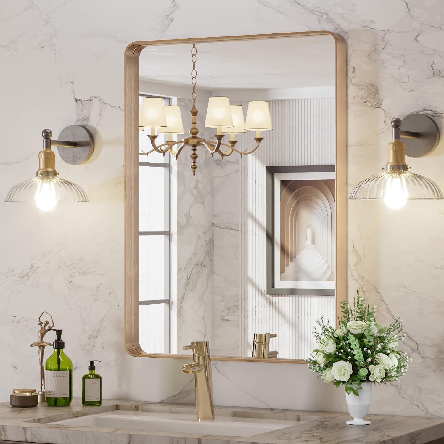 22X30 Gold Bathroom Mirror with Rounded Rectangle Frame Design