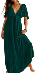 Kikibell Women V-Neck Backless Maxi Dress - Flowy Tiered Ruffles