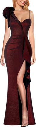 VFSHOW Womens One Shoulder Ruffle Beaded Strap Ruched Slit Maxi Dress