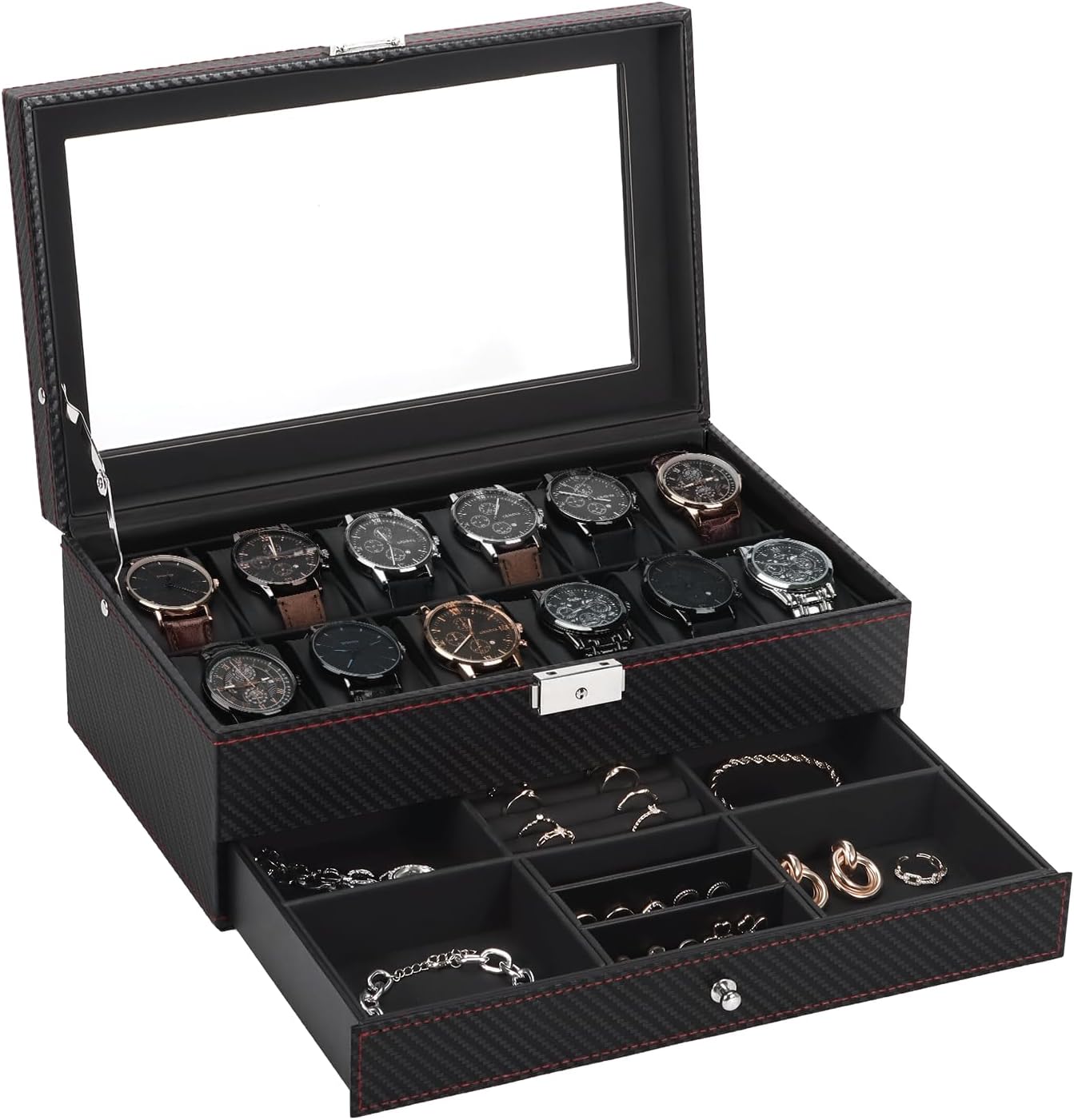 Lockable 12-Slot Watch Box with Drawer - Organize in Style!