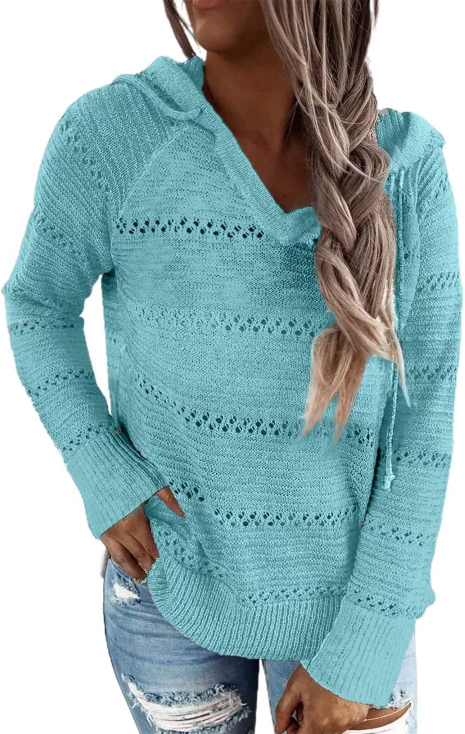 BLENCOT Women Color Block Hooded Crochet Striped Sweaters