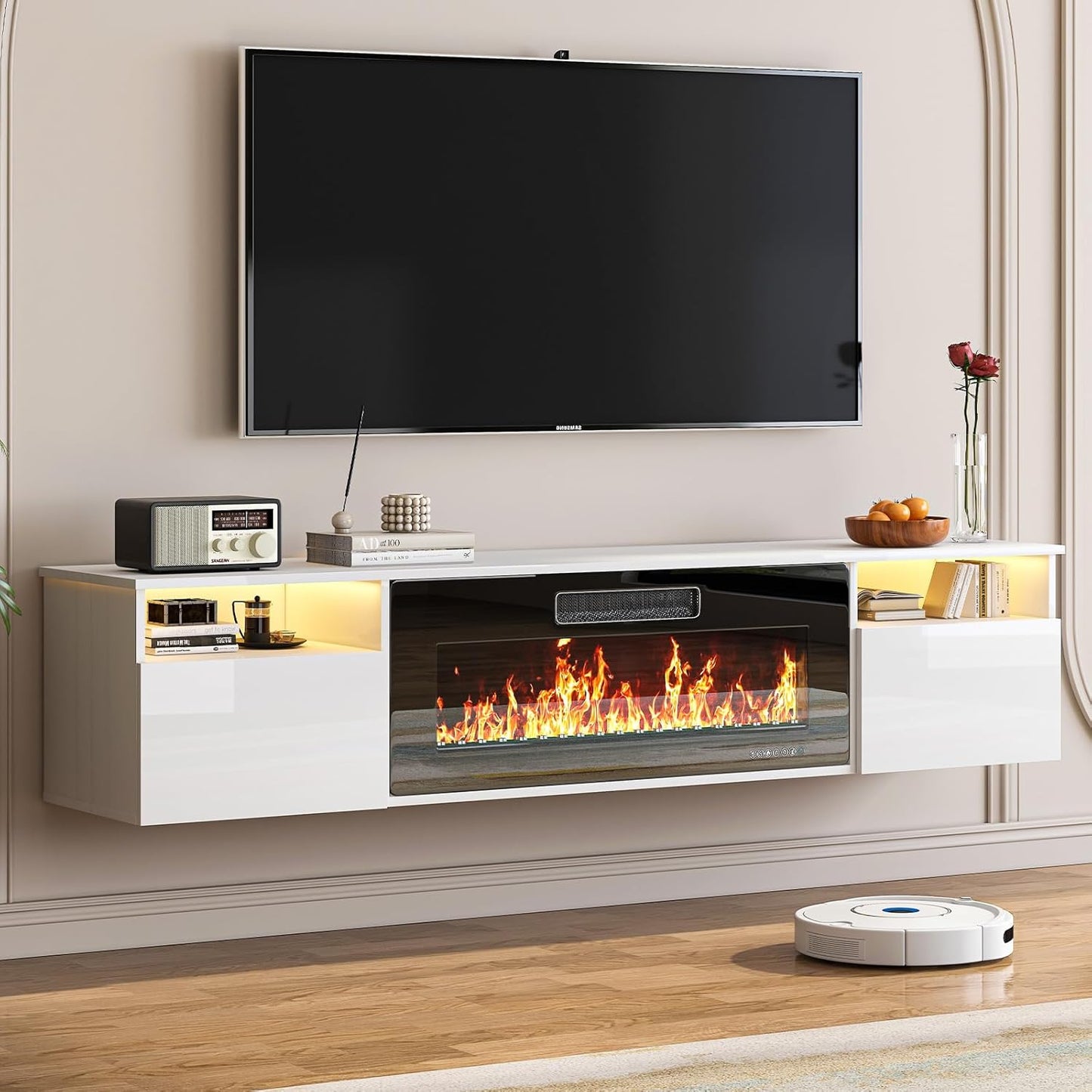 Modern White TV Stand w/ Electric Fireplace & LED Light