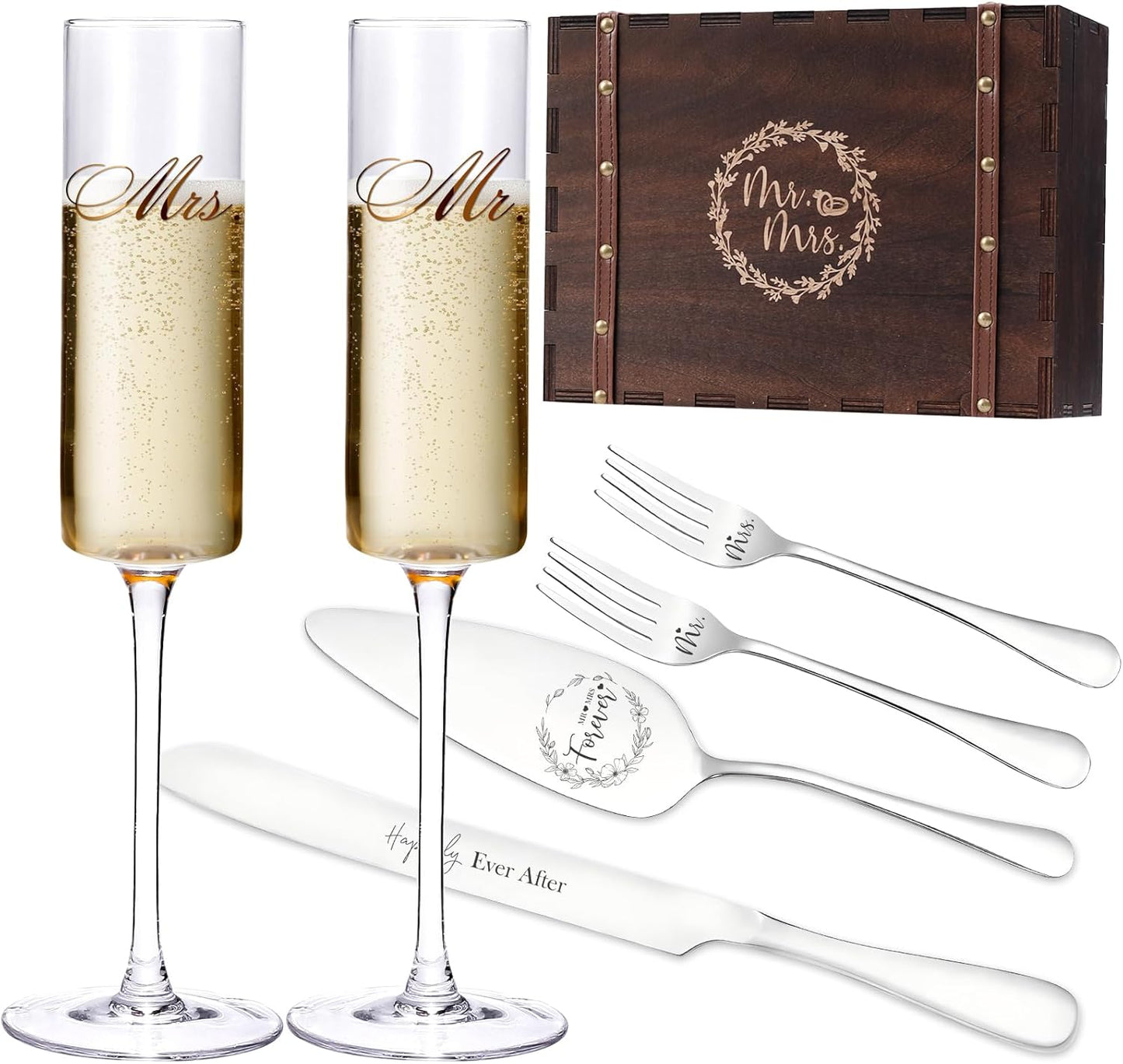 Elegant Wedding Champagne Flutes and Cake Knife Set for Couples
