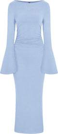 Maxi Dresses for Women Elegant Classy Fall Long Bell Sleeve Ruched Out