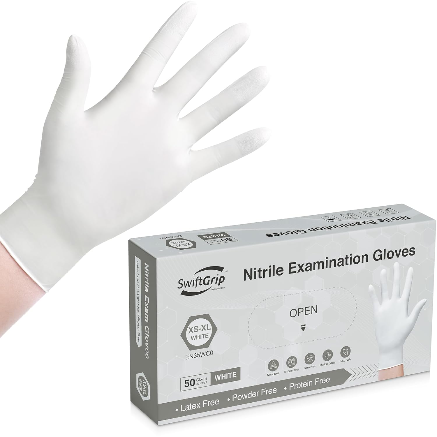 50 Medium White Nitrile Gloves - Latex Free, Multi-Use, Powder-Free