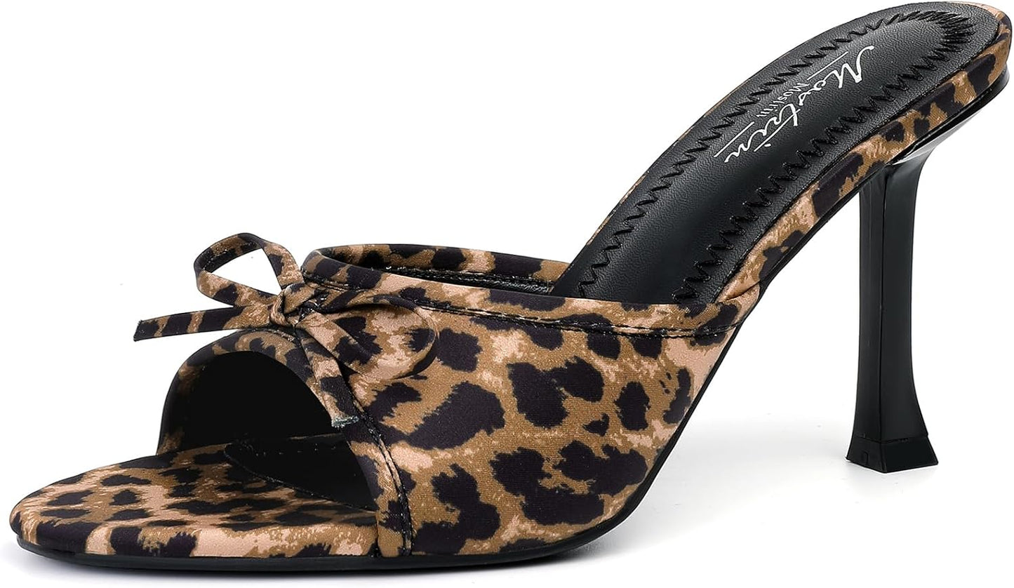 Leopard Mules Heels for Women: Chic Slip-On Bow Sandals for Parties