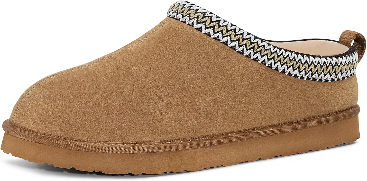 FITORY Mens Winter Genuine Leather Slippers with Memory Foam