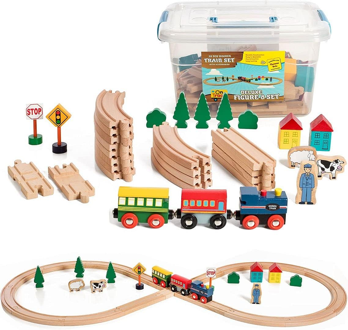 Wooden Train Set 35 Piece All in One Toy Tracks for Kids
