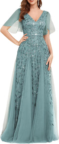 Sequin Sparkly V-Neck A-Line Floor Length Evening Dress - Elegant Fit
