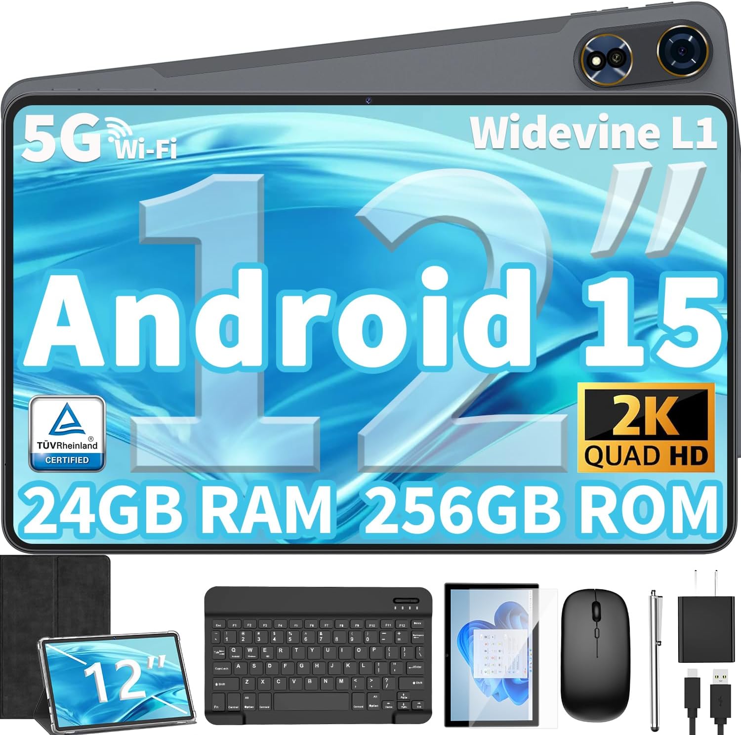 12 Inch Android 15 Tablet with Keyboard and 24GB RAM for All Needs