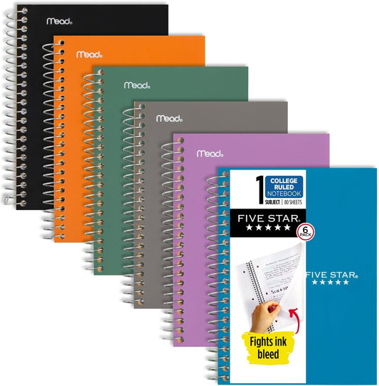 6-Pack Five Star College Ruled Notebooks, Personal Size, 80 Sheets, Vibrant Colors