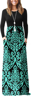 Women Long Sleeve Casual Round Neck Loose Floral Maxi Dress pockets