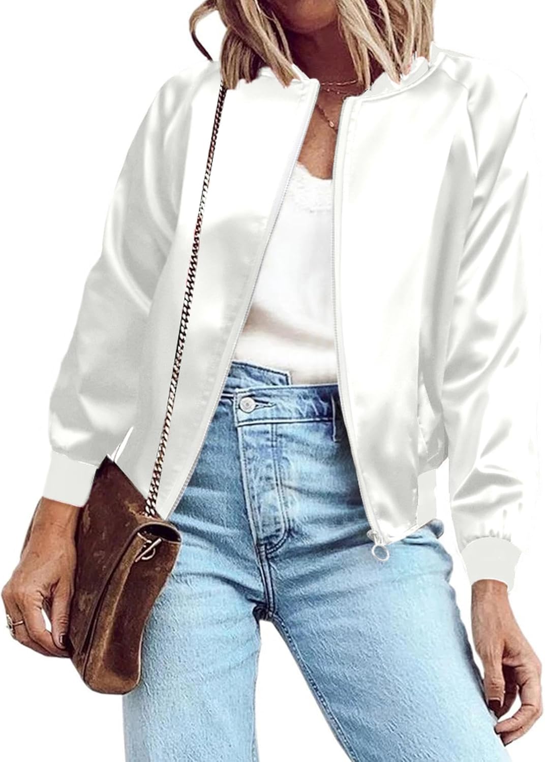 Lightweight Zip Up Bomber Jacket for Women - Casual Striped Coat