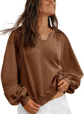 Fisoew Womens Oversized V Neck Lace Lantern Sleeve Cropped Sweatshirt