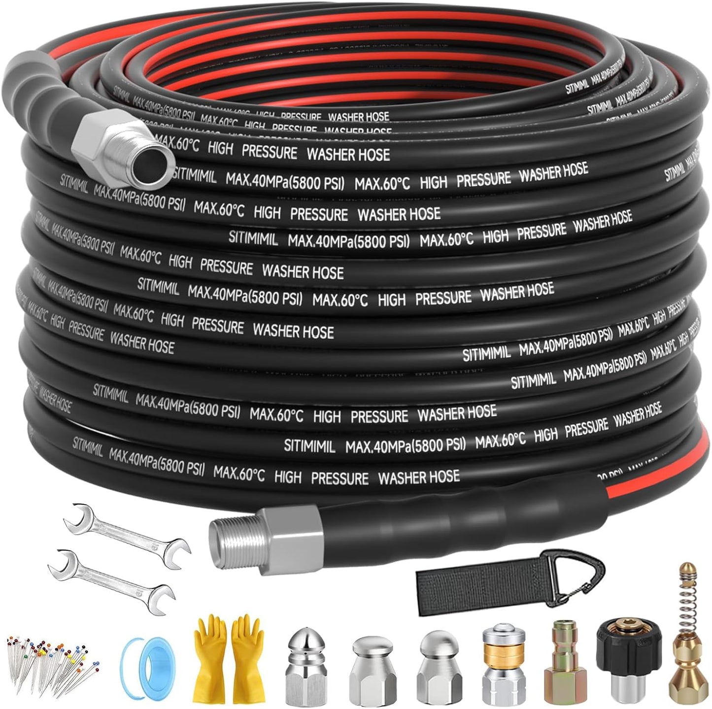 Sewer Jetter Kit for Pressure Washer 50FT with Nozzles and Tools