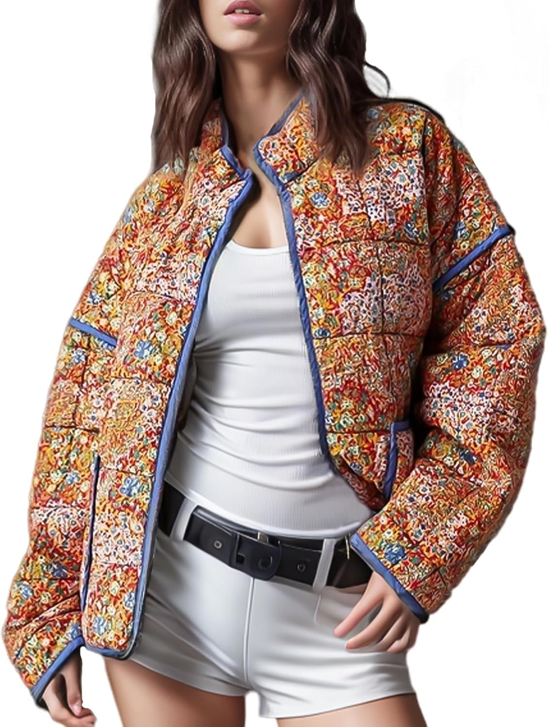 Yimoon Women's Cropped Puffer Jacket with Vintage Floral Print