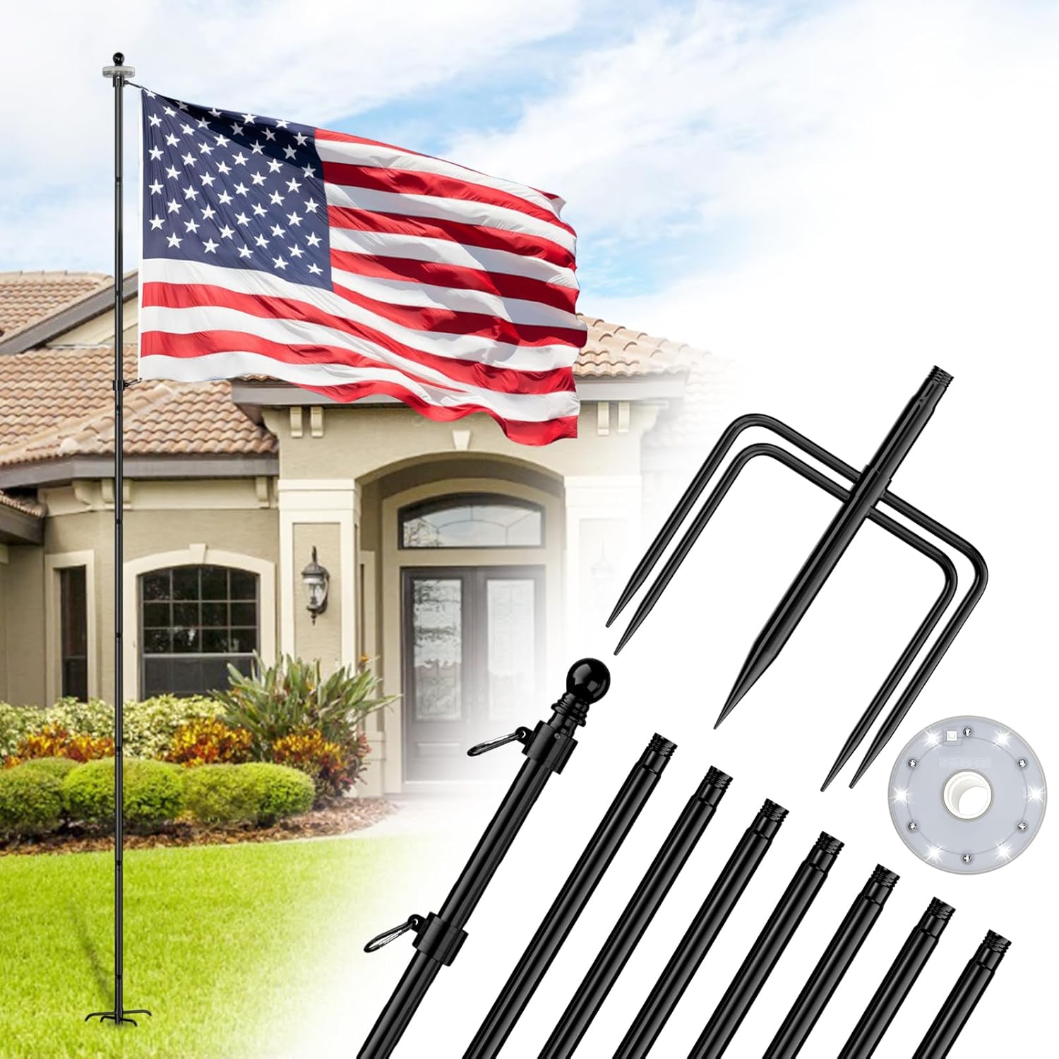 ZMTECH 10 FT Flag Pole with Solar Light for Outdoor Use