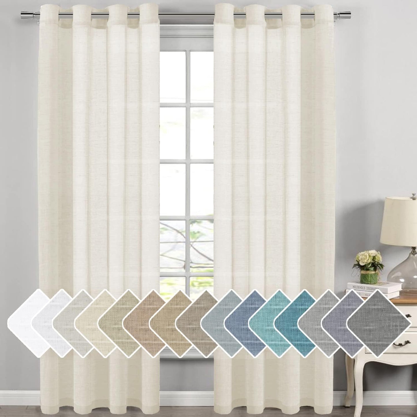 Natural Linen Semi Sheer Curtains for Living Room - 52x108 in