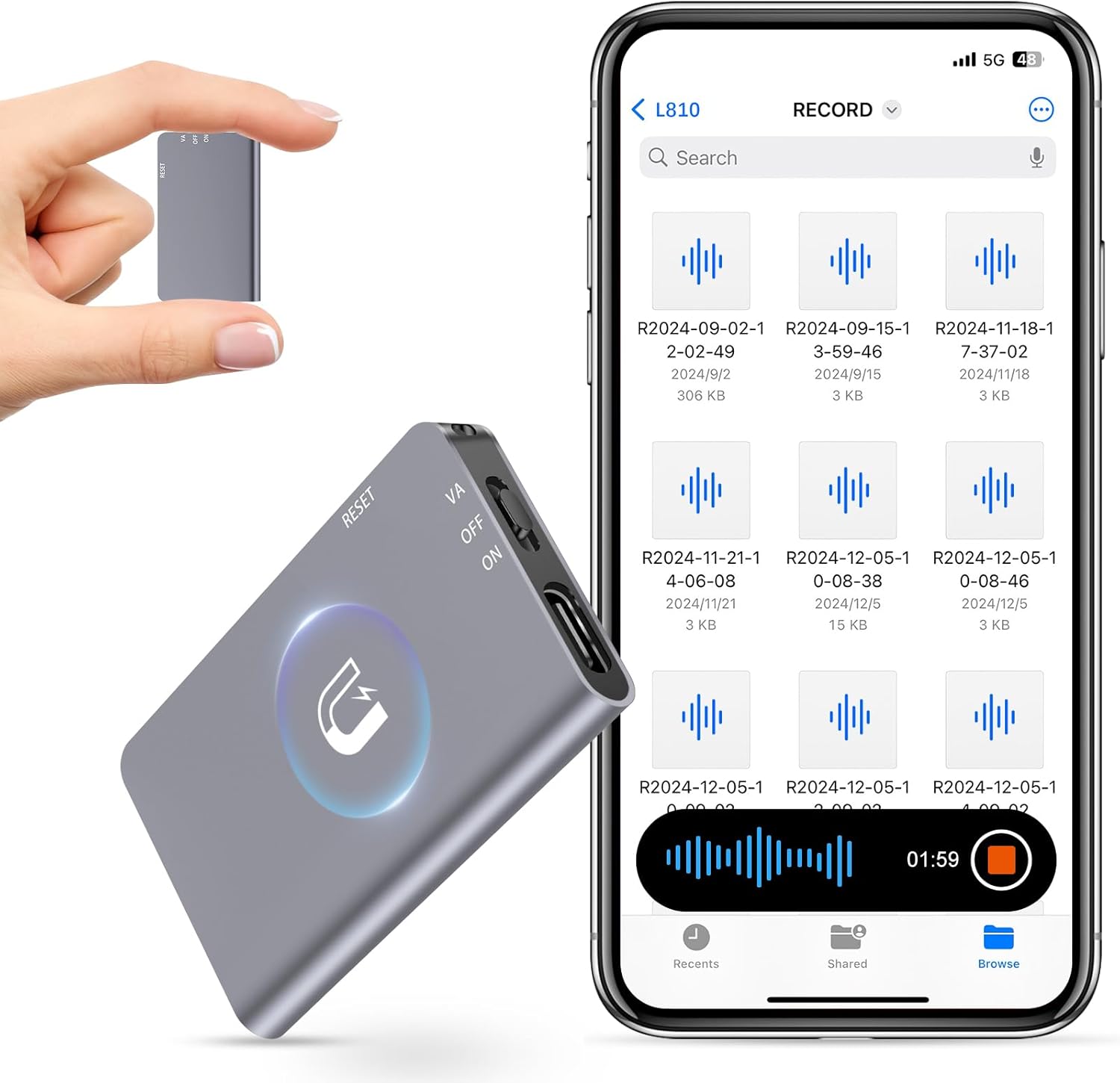 64GB Magnetic Digital Voice Recorder with AI Noise Reduction