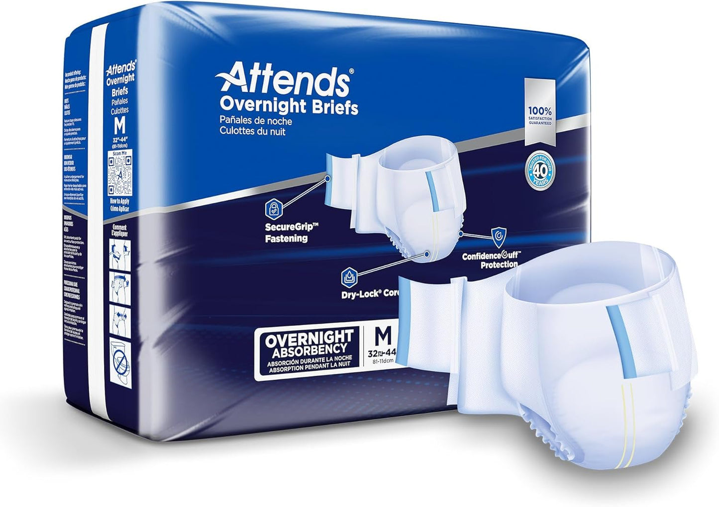 Attends Overnight Briefs, Medium, 32-44 Waist, 72ct - Heavy Absorbency