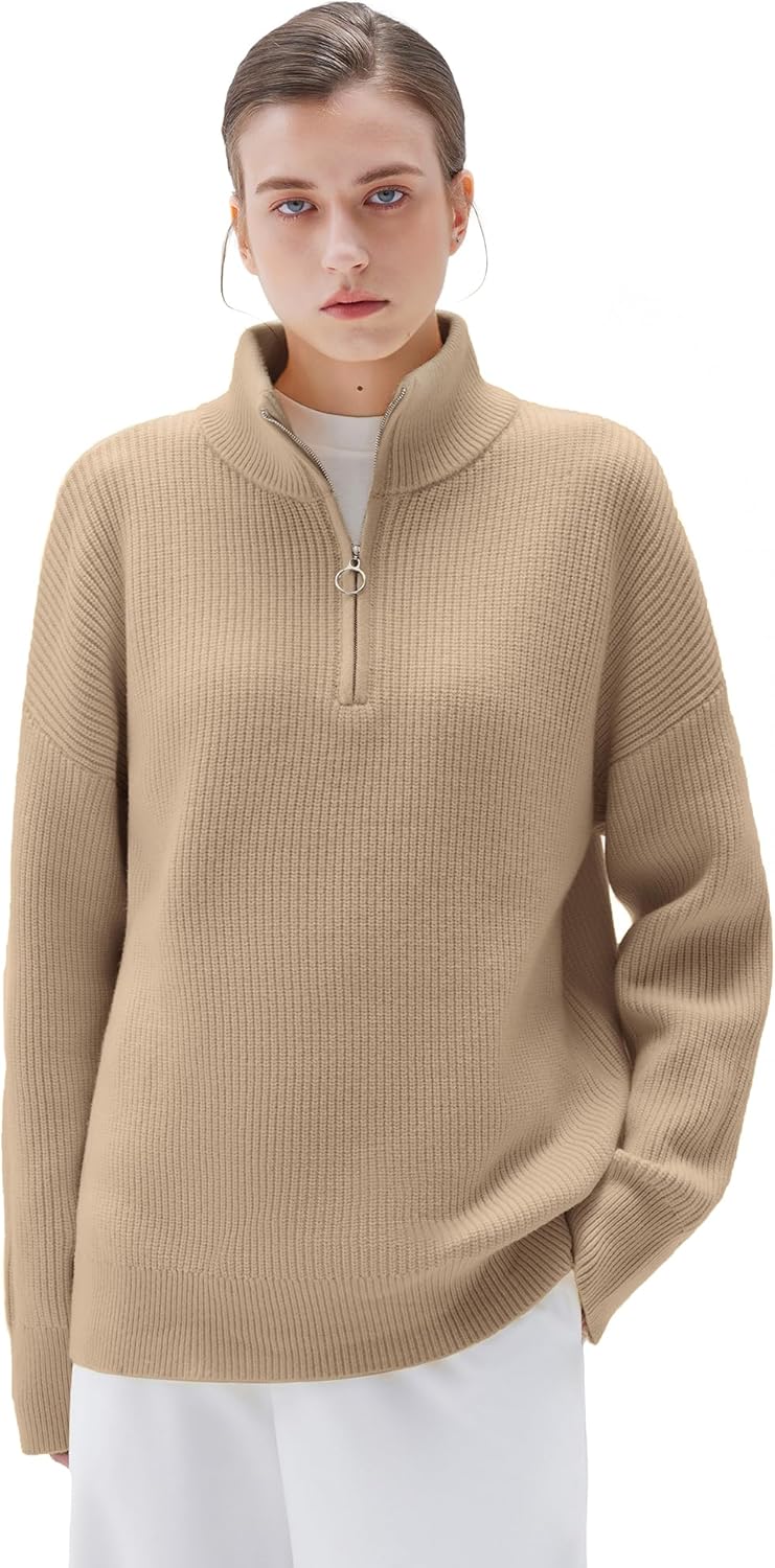 Cashmere Oversized Quarter Zip Pullover Sweater for Women