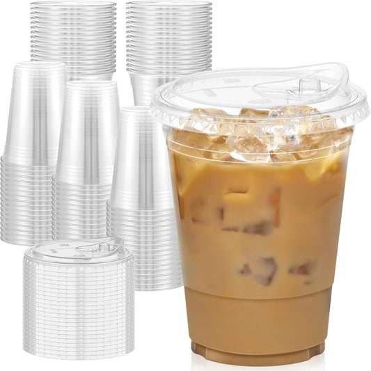 100 Pack Clear Plastic Cups with Lids - Sturdy & Food Safe for Cold Drinks