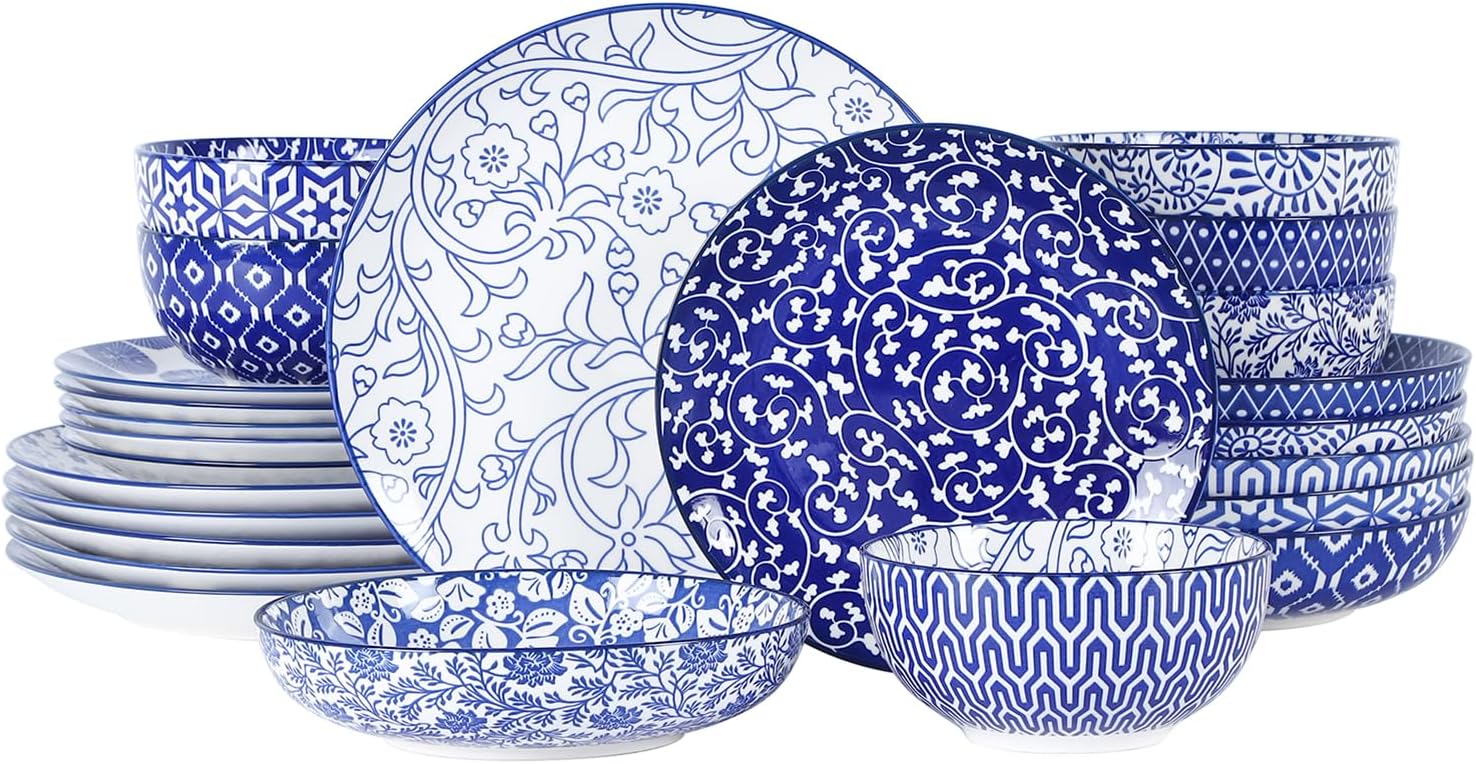 Selamica Ceramic Dinnerware Set for 6 - 24 Piece Plates & Bowls
