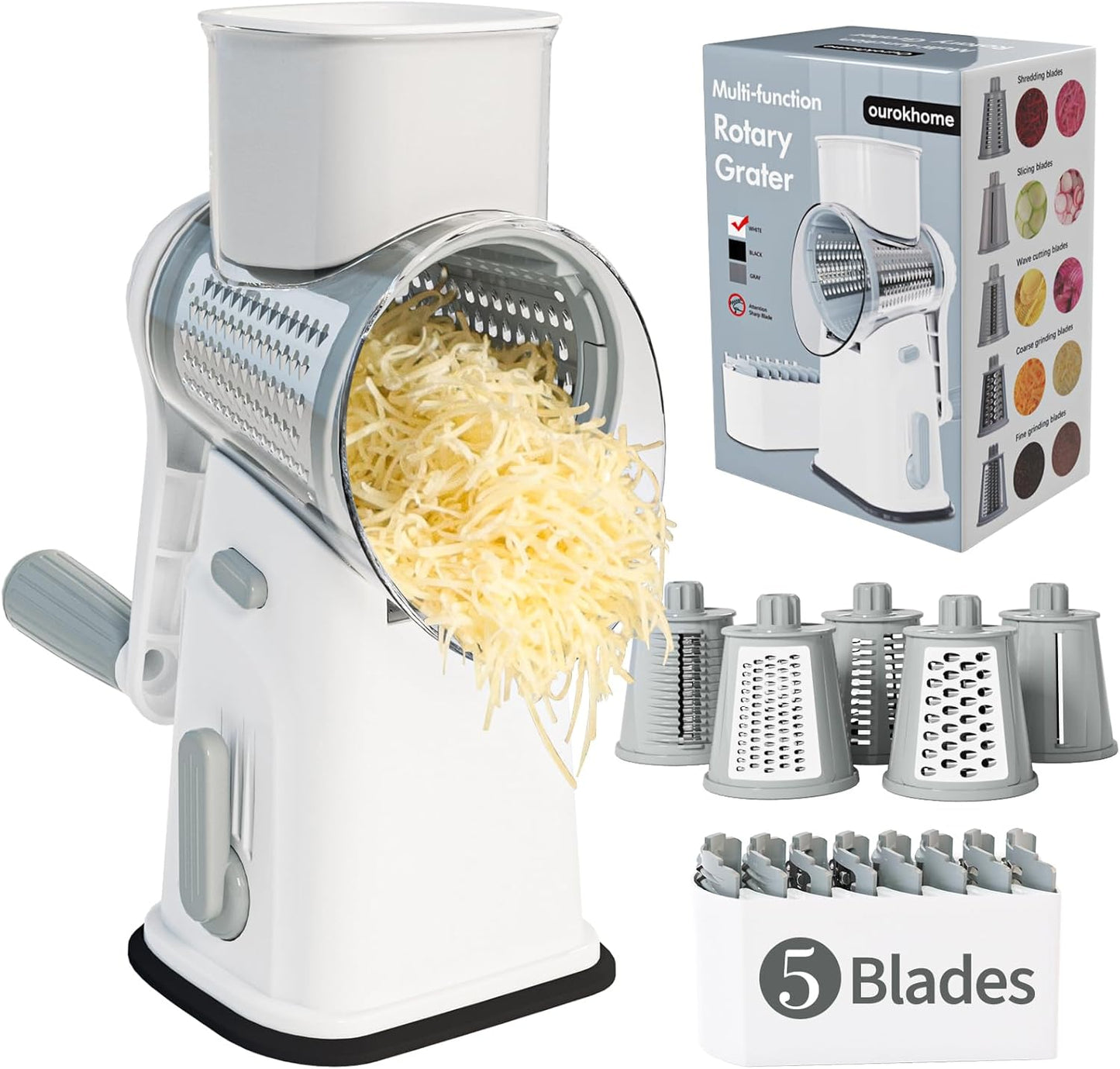 Ourokhome Rotary Cheese Grater with 5 Blades and Suction Base
