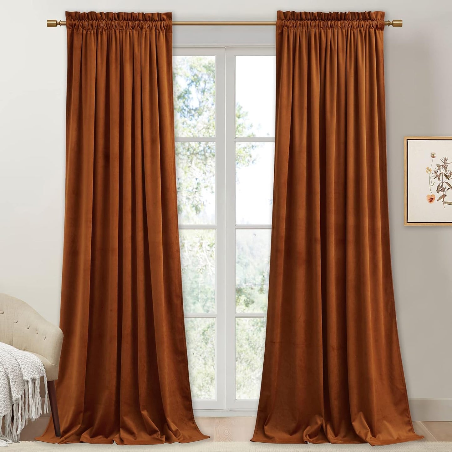 StangH Burnt Orange Velvet Curtains for Light Blocking Privacy
