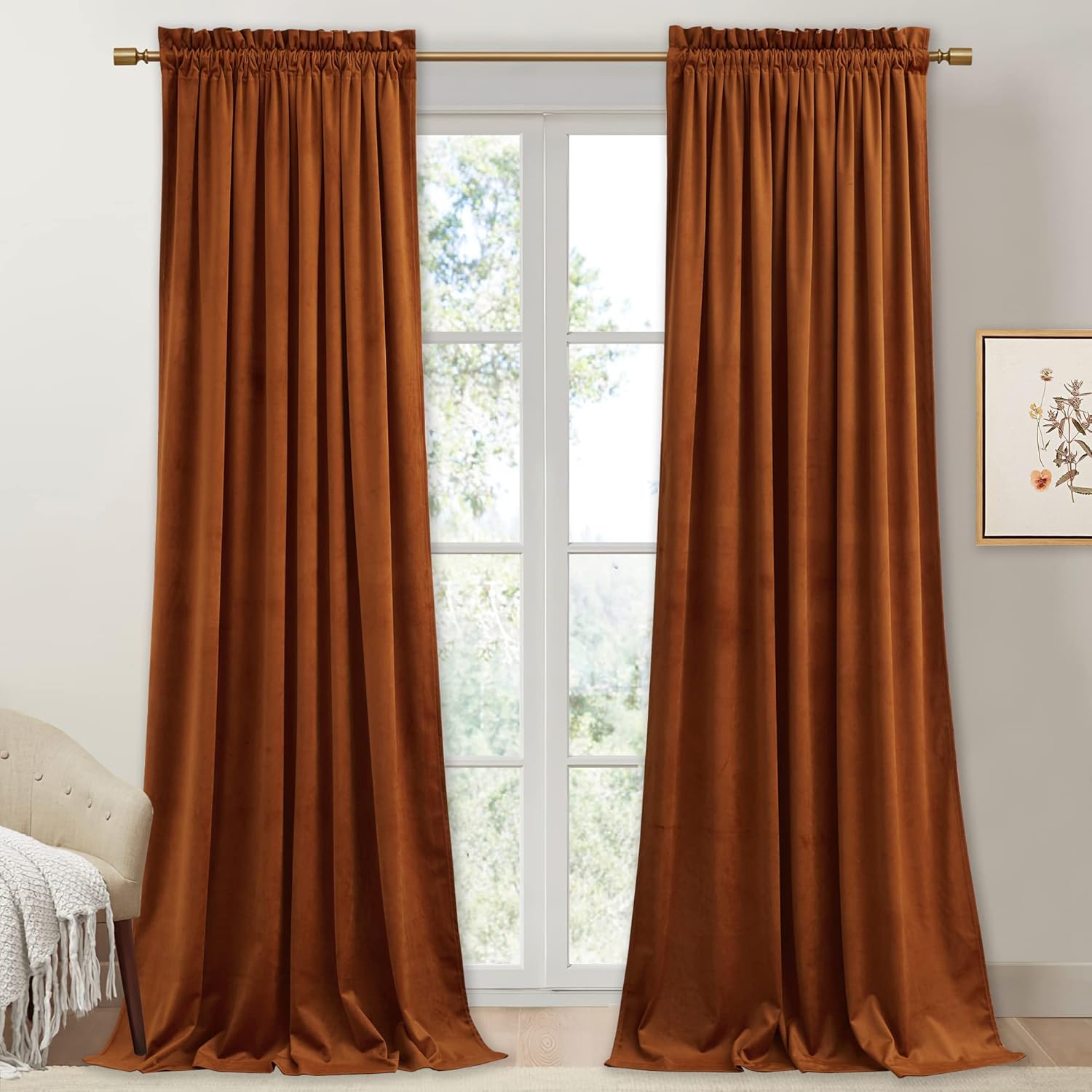 StangH Burnt Orange Velvet Curtains for Light Blocking Privacy