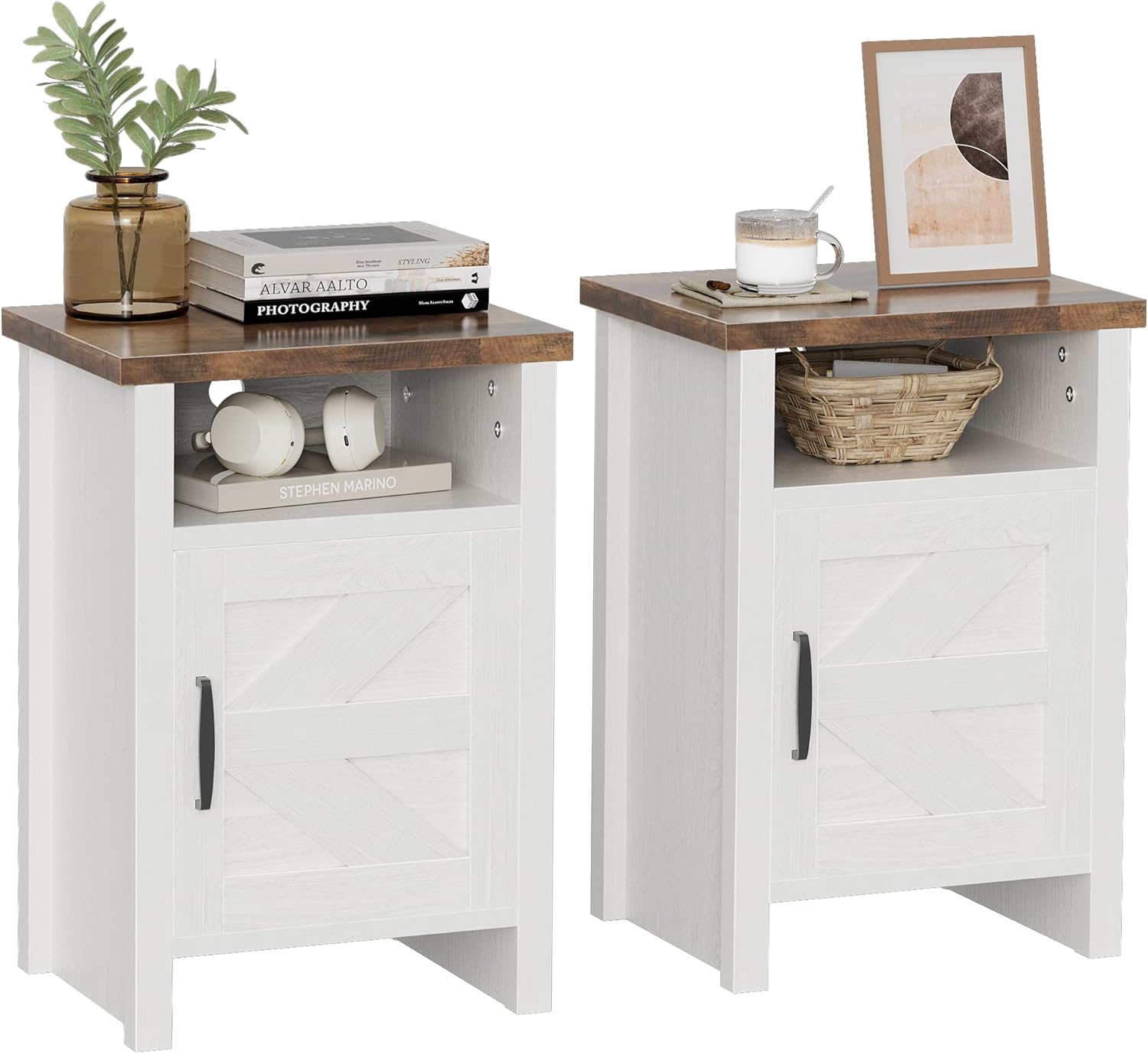 Farmhouse Modern Nightstand Set of 2 with Shelf and Barn Door