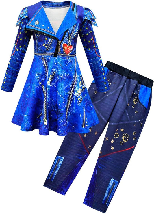 Kids Girls Mal Evie Jacket Pant Set for Halloween Cosplay Fun