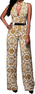 Pink Queen Women's Button Up Printed Wide Leg Jumpsuit with Belt