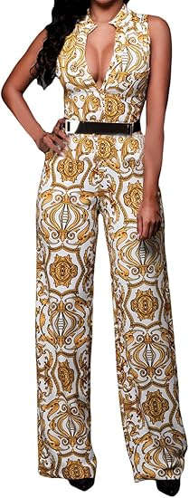 Pink Queen Women's Button Up Printed Long Wide Leg Pant Jumpsuit