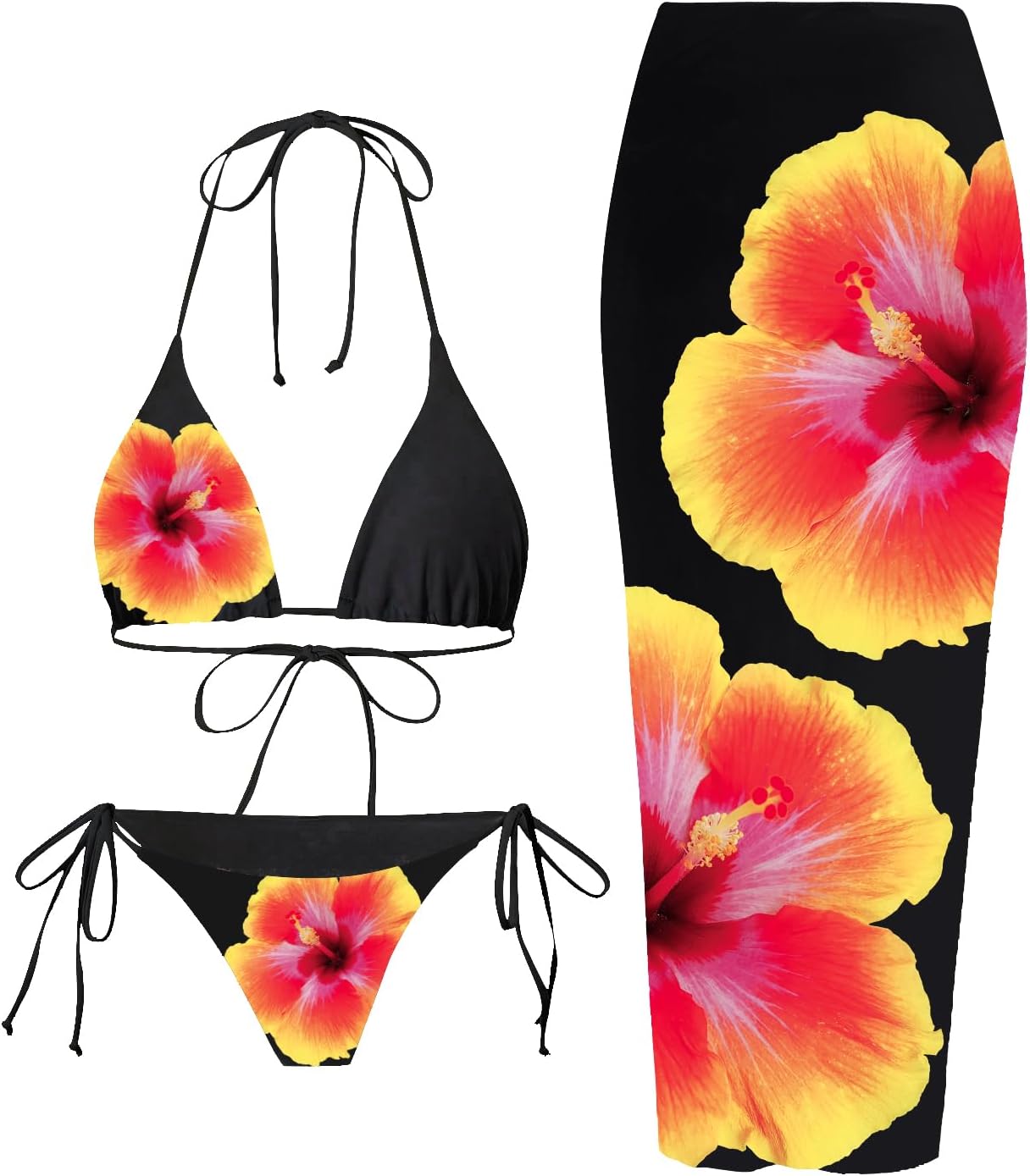 ZAFUL Womens 3pcs Swimsuit Floral Halter Bikini Set for Summer