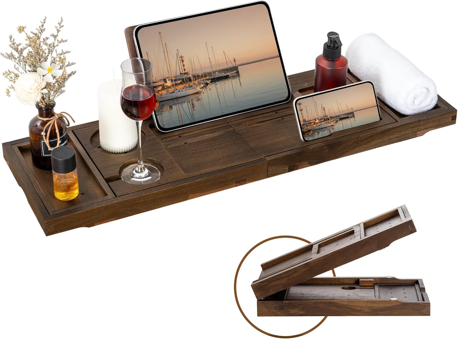 Teak Bathtub Tray - Luxury Bath Tray with Expandable Handles