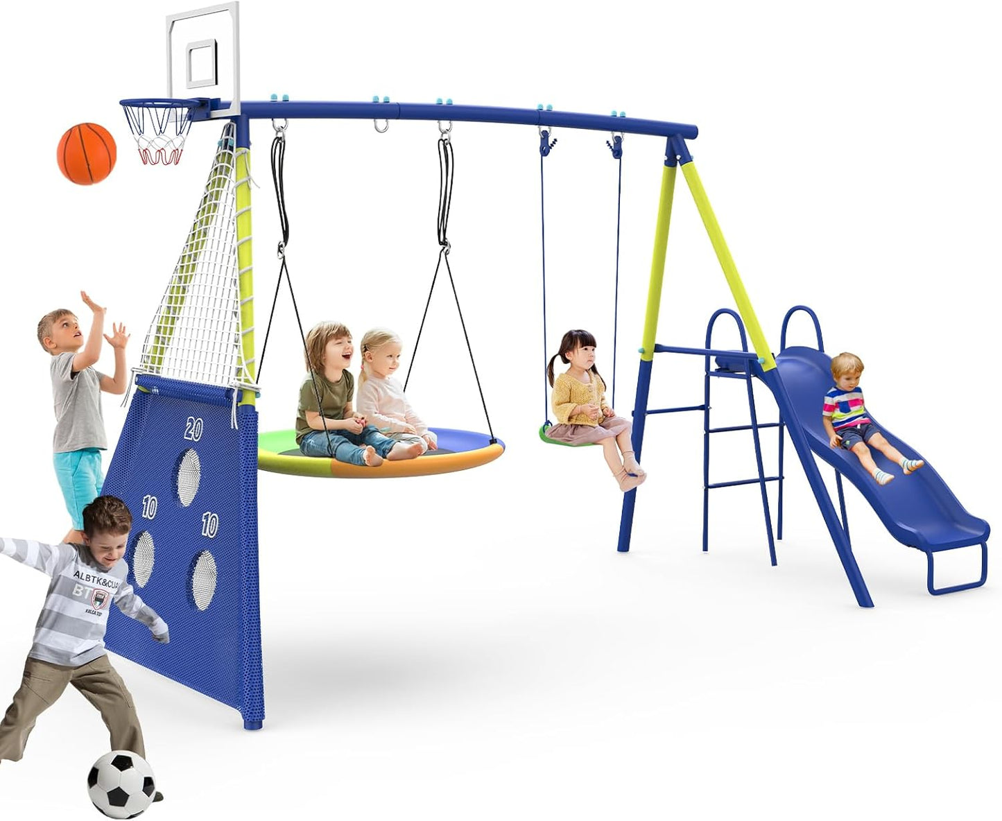 5 in 1 Swing Set for Backyard with Slide and Soccer Goals