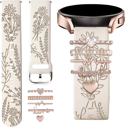 Wildflower Engraved Silicone Band for Samsung Galaxy Watch - Cute Charms Included
