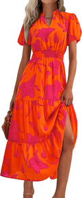 Summer Maxi Dresses for Women V Neck Puff Sleeve - Flowy Boho Fit