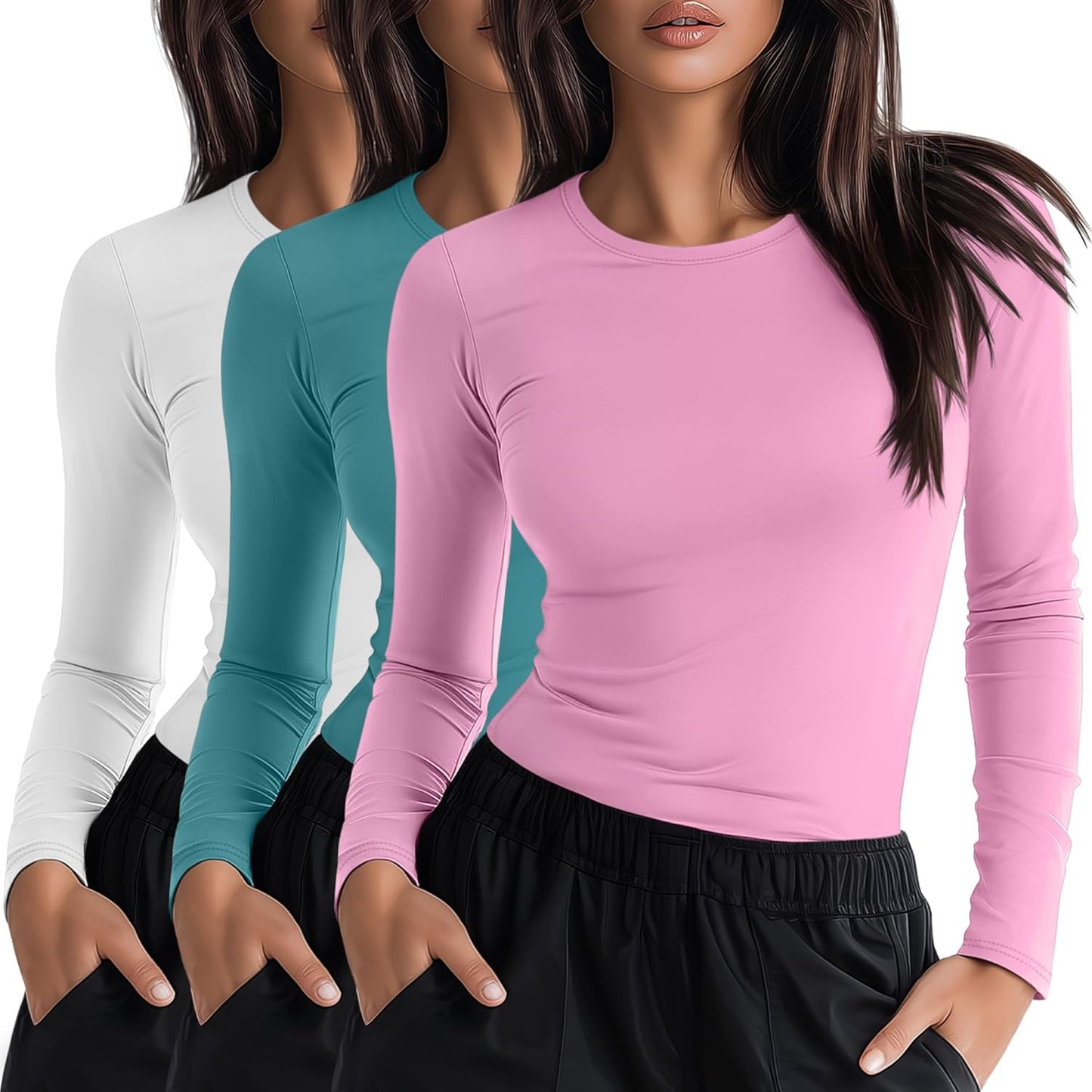 Neer 3 Pack Womens Long Sleeve Crewneck Underscrub Shirts
