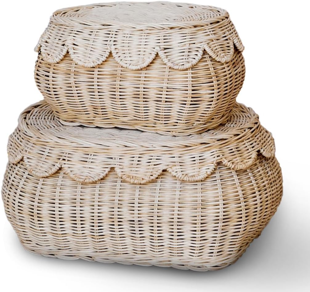 BEBE BASK Scalloped Basket Set of 2 - Elegant Wicker Storage