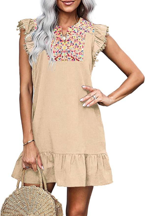KIRUNDO Women's Summer Mini Dress with Floral Embroidery and Ruffles