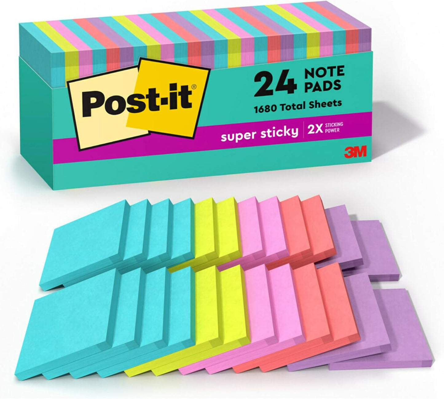 Super Sticky Notes, 24 Pads, 3x3 in, Neons Collection