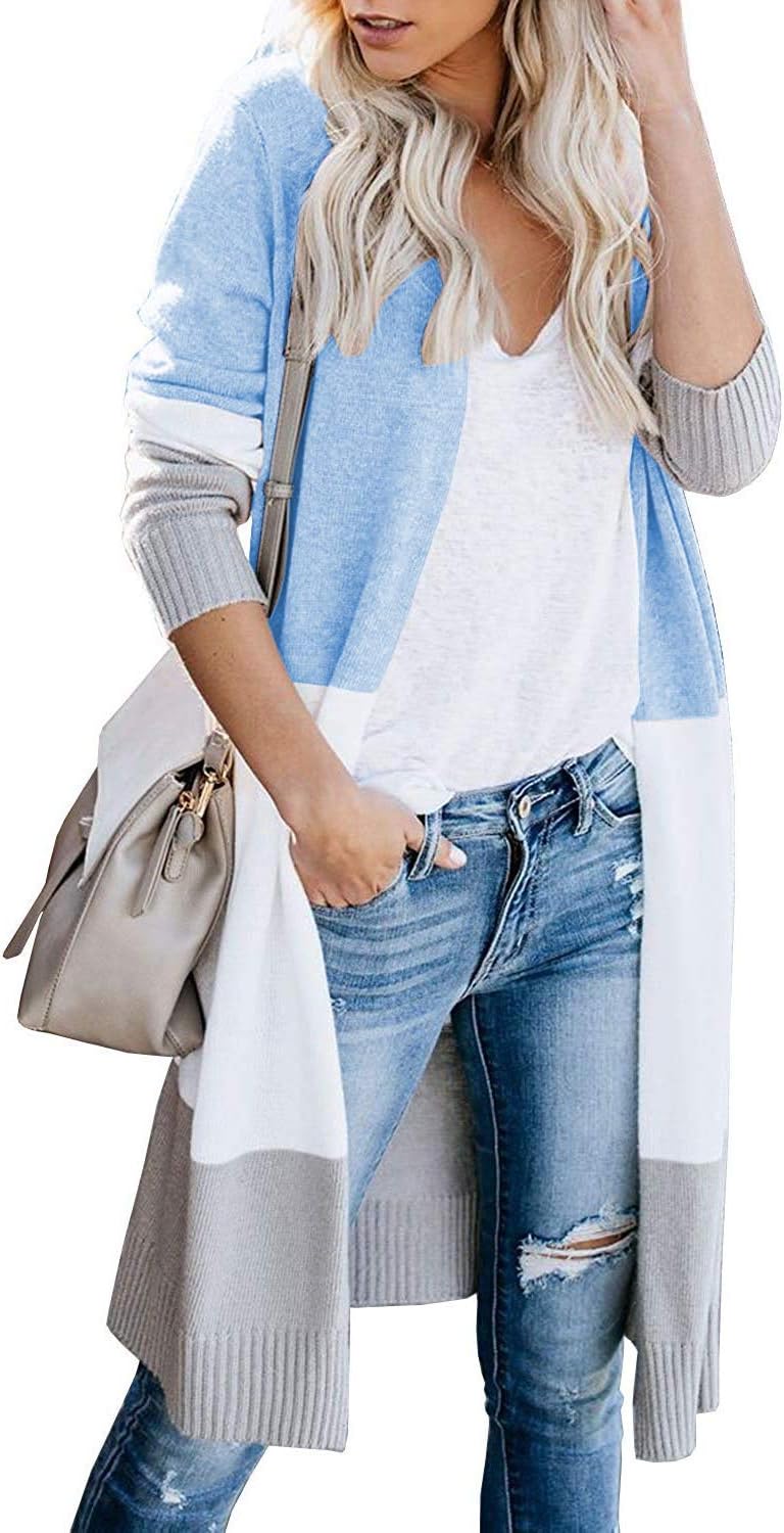 CARDYDONY Women's Long Cardigan Open Front Color Block Sweater