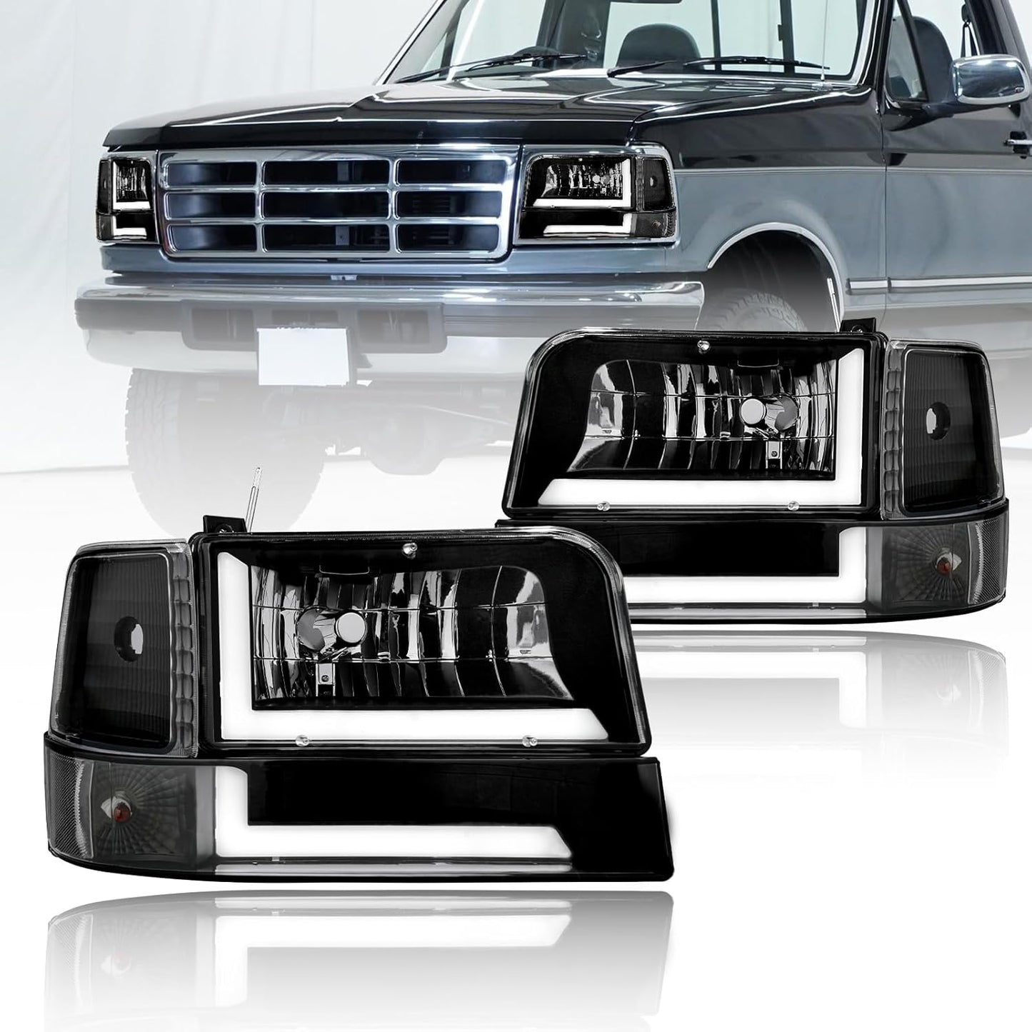 LED DRL Headlights for 1992-1996 Ford F150 F250 F350 Bronco