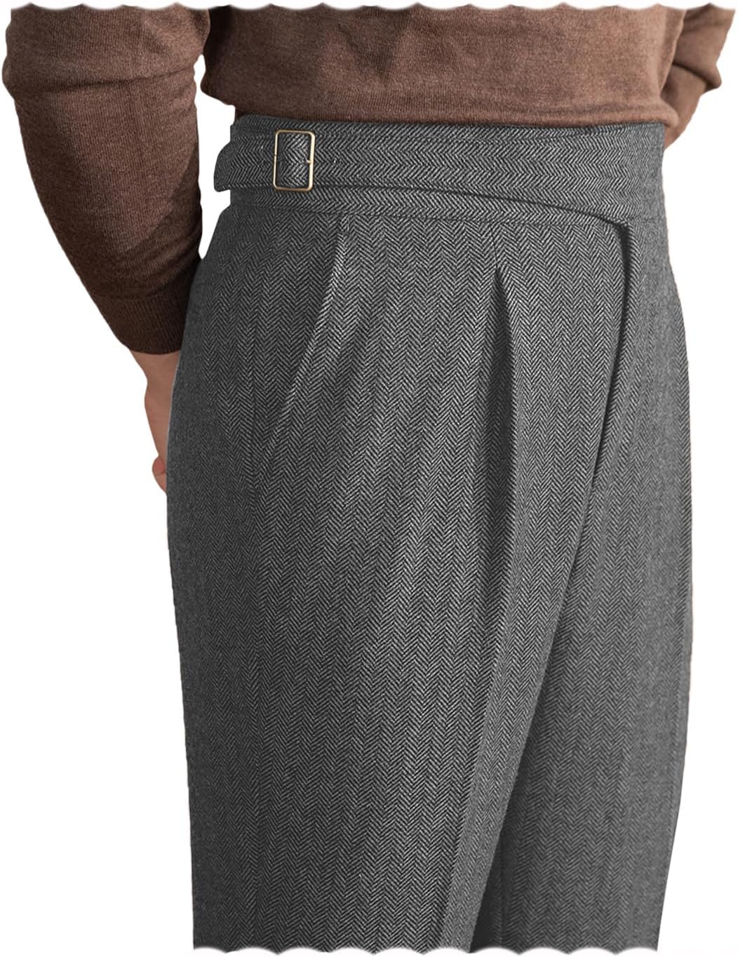 Men Trousers Vintage Tweed Blend Pants Herringbone Slim Fit