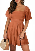 AlvaQ Womens Cotton Puff Sleeve Square Neck Romper - Cute Summer Fit