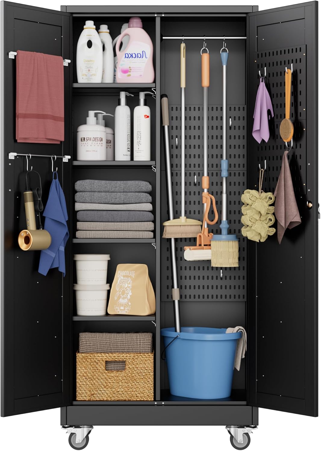Aobabo Broom Closet Storage Cabinet with Wheels and Hooks